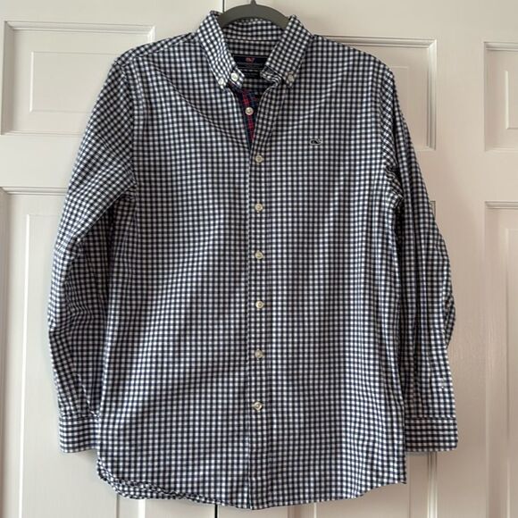 VINEYARD VINES GINGHAM CHECK WHALE BUTTON SHIRT BLUE WHITE BOY COTTON BOYS XL - Picture 2 of 7